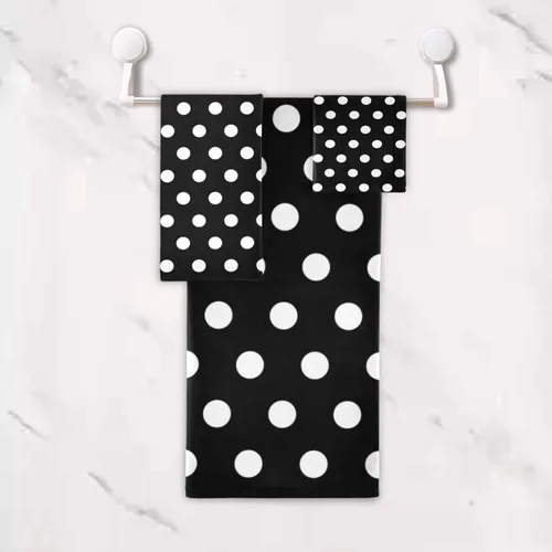 Miniatura 5 de Juego de 3 toallas de baño en blanco y negro, diseño de lunares, 1 toalla de baño, 1 toalla de mano, 1 toalla, toallas de ducha suaves para baño