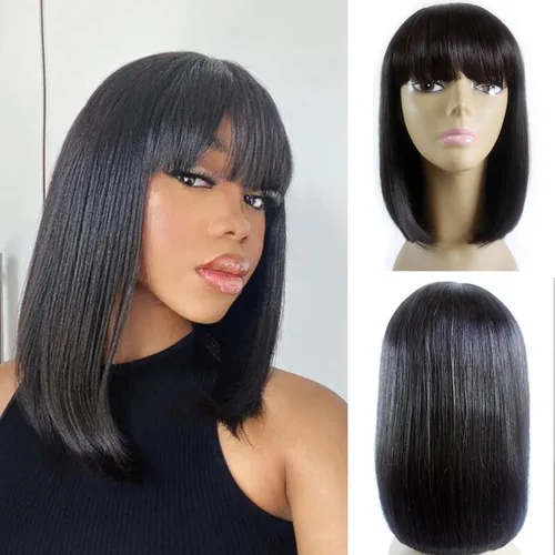 Miniatura 20 de Peluca de cabello humano lacio rubio 613 de 15 pulgadas con flequillo, sin pegamento, sin encaje frontal, Yaki Bob para mujer