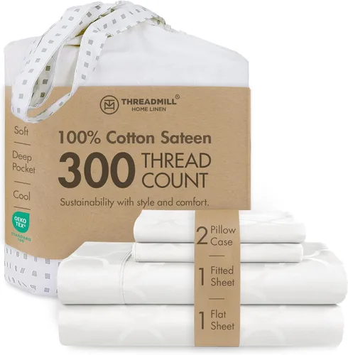 Miniatura 52 de Threadmill Sábanas 100% Algodón para Cama Tamaño King Juego de Sábanas de 4 Piezas para Cama King Suave, Transpirable y Ligero Satén de Damasco