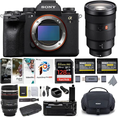 Sony Alpha 1 - Paquete de cámara digital sin espejo con lente, agarre de batería, batería y cargador doble, tarjeta de memoria de 128 GB, bolsa para