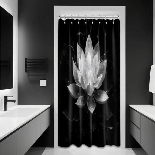Miniatura 68 de Cortina de ducha con flores de loto negro y azul para decoración de baño, juego de cortinas decorativas de baño con estampado floral, tela