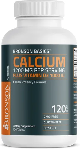 Bronson Calcio 1200 mg por porción más vitamina D3 1000 UI fórmula de alta potencia, sin OMG, 120 tabletas