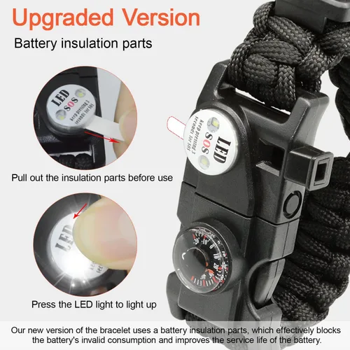 Miniatura 6 de Brazalete de paracord de supervivencia 20 en 1, kit de equipo ajustable con luz LED SOS, arrancador de fuego, brújula más grande, silbato de Negro