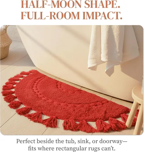 Miniatura 4 de Alfombra bohemia para baño, tapete de algodón medio círculo con inserto de ganchillo y borlas, tapete bohemio decorativo antideslizante para baño