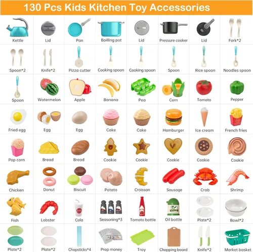 Miniatura 2 de Juego de cocina de 130 piezas, ollas de juego de cocina para niños pequeños, sartenes, utensilios, utensilios de cocina, alimentos diarios, frutas