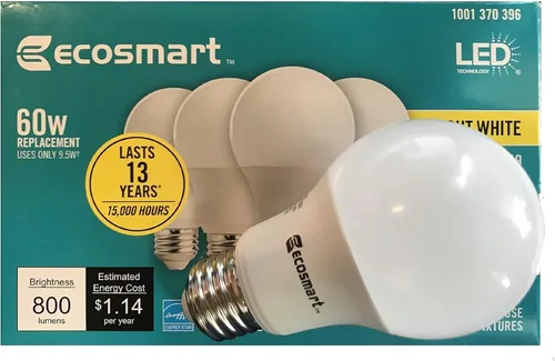 EcoSmart - Bombilla LED Energy Star de 60 vatios equivalente a A19, regulable, color blanco brillante (paquete de 4)