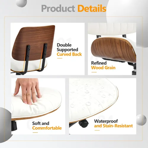 Miniatura 6 de VINGLI Silla de oficina en casa sin brazos y respaldo curvos anchos, silla de escritorio Ergoromic de altura ajustable, función giratoria e Blanco