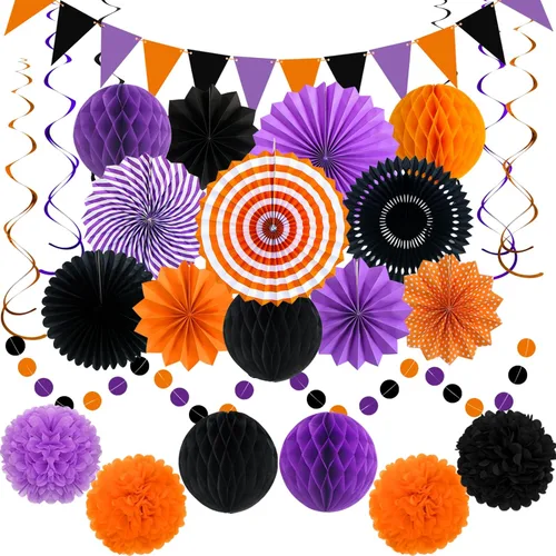 Miniatura 12 de 24 decoraciones de fiesta negras y doradas, abanicos de papel, guirnaldas de pompones de panal, suministros colgantes reutilizables para graduación