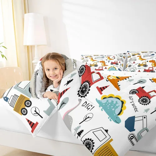 Miniatura 7 de Feelyou Juego de ropa de cama de construcción para niños, tamaño queen, niños, dinosaurios de dibujos animados, juego de funda de edredón para Multi