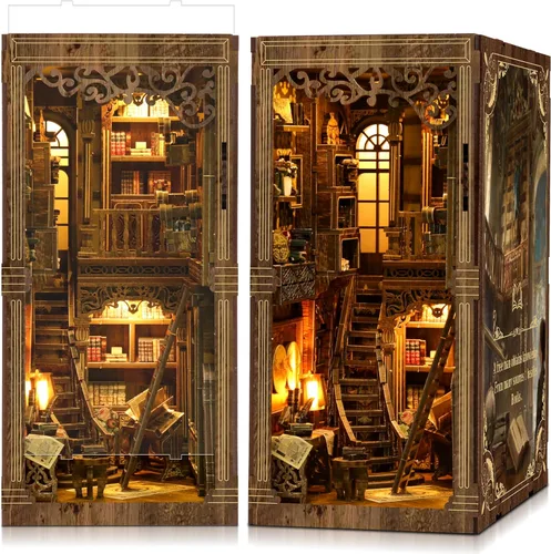 SUNNINO Kit de Rincón de Libros - Kit de Casa de Muñecas en Miniatura DIY, Rompecabezas 3D de Madera con Luz LED, Kits de Rincón de Libros para