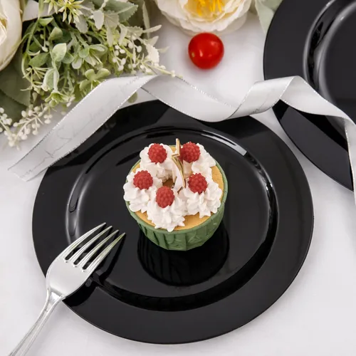Miniatura 6 de FLOWERCAT 100 platos de plástico negro, platos desechables negros resistentes para fiesta de cumpleaños, boda, día del padre, para 50 invitados