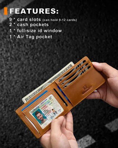 Miniatura 46 de Billetera AirTag para hombre, de piel auténtica plegable con bloqueo Rfid AirTag con ranuras para efectivo y ventana de identificación, compatible