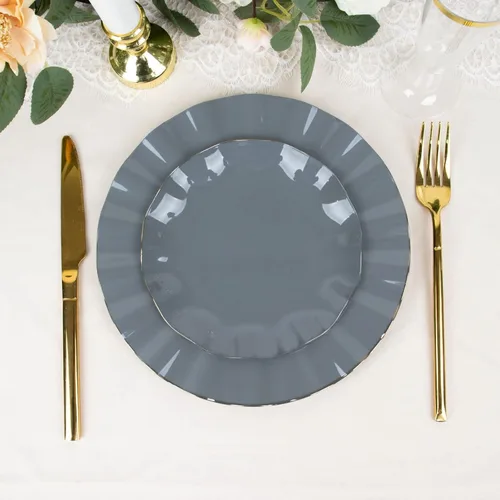 Miniatura 144 de Tableclothsfactory Paquete de 10 platos redondos de plástico negro de 6 pulgadas para ensalada de postre, platos desechables con borde ondulado