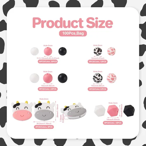 Miniatura 7 de FASHEWELRY 100 cuentas de silicona de vaca, cuentas focales de animales de 0.59 y 0.47 pulgadas, estampado de vaca rosa y negro para manualidades