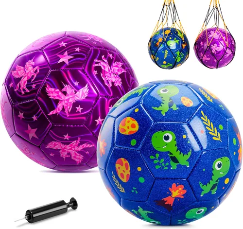 Miniatura 10 de Paquete de 2 pelotas de fútbol para niños, tamaño 2/talla 3, bolas de fútbol para niños, bolas de dibujos animados para niños con bomba, bolsa