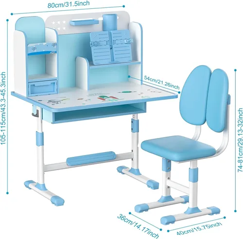 Miniatura 3 de Juego de escritorio y silla para niños, juego de mesa y silla de estudio para adolescentes, escritorio ergonómico para niños y estudiantes, Azul