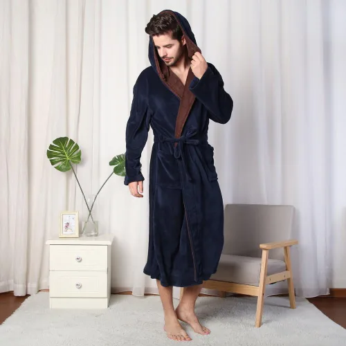 Miniatura 6 de Bata de baño con capucha para hombre, suave y de longitud completa, cómodo camisón cálido de longitud completa