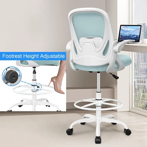 Miniatura 4 de Silla de dibujo alta de oficina con reposabrazos abatibles, altura ajustable y soporte lumbar mejorado, taburete ergonómico con ruedas, soporte
