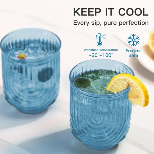Miniatura 5 de JOVGANK Juego de cristalería azul vintage de 6 a 14 onzas, vaso de agua azul Art Deco, vaso de cóctel de whisky, jugo de café helado, regalos