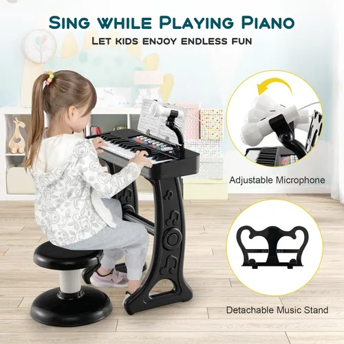 Miniatura 3 de Costzon Piano para niños, teclado de piano de juguete de 37 teclas con micrófono, taburete y soporte de música, piano electrónico portátil, juguete