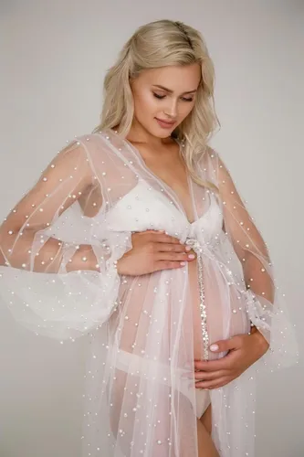 Miniatura 2 de yinyyinhs Womens Pearl Maternity Dress for Photoshoot Long Puffy Sleeves Tulle Wedding Robe Beaded Bridal Lingerie