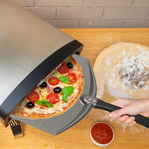 Miniatura 7 de Pala de pizza de aluminio, paleta de torneado de pizza de metal perforado de 12 pulgadas para horno de parrilla, herramienta de cocina, espátula