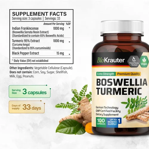Miniatura 3 de BIO KRAUTER® Suplemento de curcumina de cúrcuma con boswellia para apoyo de la movilidad, cúrcuma vegana con pimienta negra y extracto de boswellia