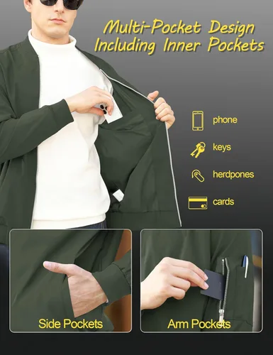 Miniatura 4 de CRYSULLY Chaquetas bomber ligeras para hombre, con cremallera completa, casual, rompevientos, de golf, a la moda, con bolsillo