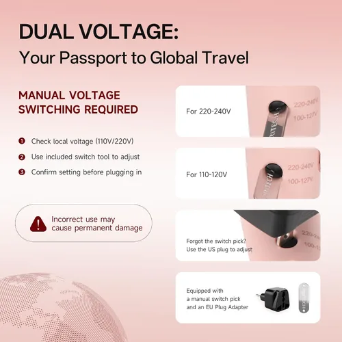 Miniatura 2 de PRITECH - Secador de pelo de viaje de doble voltaje de 1250 W con difusor, plegable Pink Blow Dryer with Concentrator,110V/220V Worldwide Use,Mini