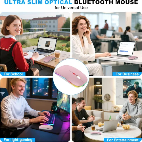 Miniatura 8 de Mouse inalámbrico LED Bluetooth para MacBook Air Mac Pro Laptop iPad – Ratón óptico recargable con luz silenciosa con Jiggler Dual Mode BT5.2 y Rosa