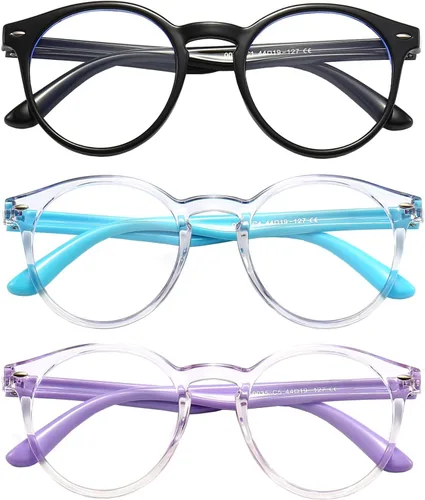 Gafas de bloqueo de luz azul para niños, paquete de 3 lentes de lectura para computadora con bloqueo de luz azul para niños y niñas de 3 a 11 años