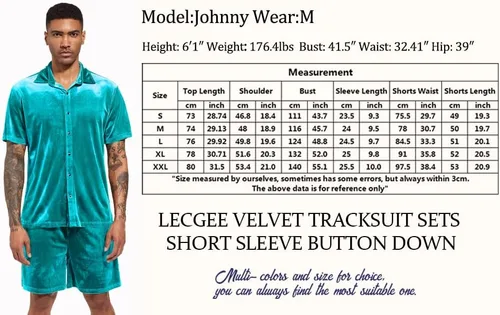 Miniatura 6 de LecGee Conjunto de pantalones cortos casuales de verano para hombre, camisa de terciopelo de manga corta con botones, pantalones cortos de cintura