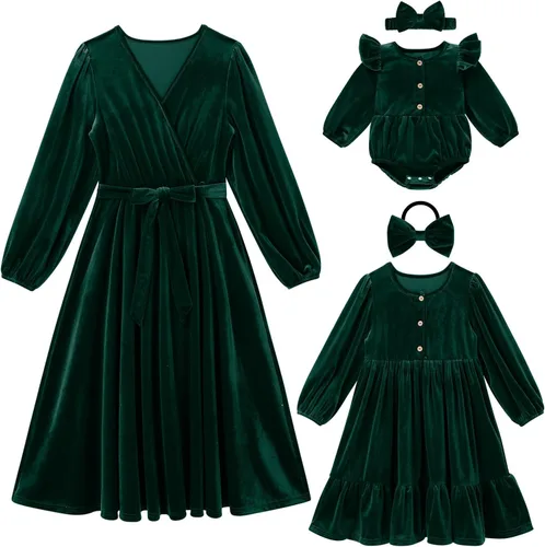 AWIBMK Vestidos de Navidad para mamá y yo, vestido de terciopelo de manga larga, otoño, invierno, Navidad, vacaciones, mamá, hija, trajes a juego