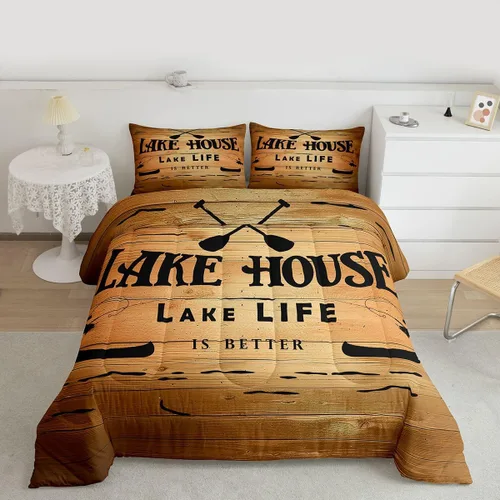 Miniatura 2 de Erosebridal - Juego de ropa de cama con decoración de casa lacustre, juego de edredón con paletas de madera coloridas tamaño completo, juego de ropa