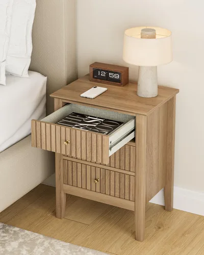 Miniatura 5 de Mesita de noche acanalada, mesa auxiliar de granja con 3 cajones, mesa auxiliar de acento lateral estilo Mid Century Modern, mesita de noche