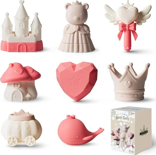 MarcZero Juguetes de Baño de Silicona Princesa 8 Piezas para Niños Pequeños Niños Bebés, Juguetes de Agua para Bañera, Juguetes de Piscina Suaves