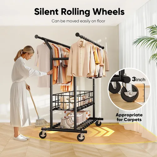 Miniatura 8 de HOKEEPER Perchero resistente con carga de 635 libras, perchero para colgar ropa, barra doble ajustable negra con cesta de metal, perchero portátil