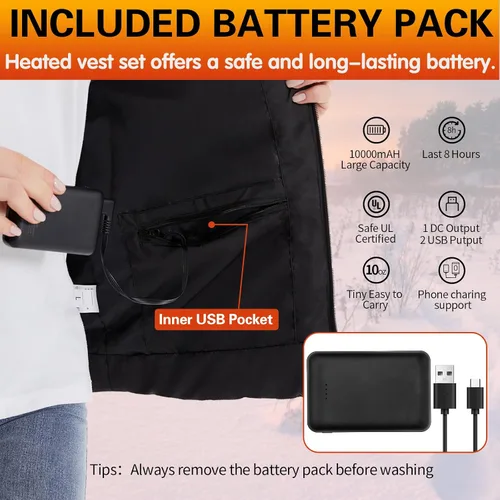 Miniatura 4 de XINSONYUELL Chaleco térmico para hombres y mujeres con batería ligera recargable por USB, chaleco térmico para invierno y exteriores
