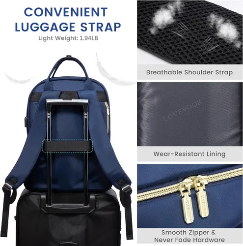 Miniatura 6 de LOVEVOOK - Mochila para portátil de mujer, mochila de trabajo de moda con puerto USB, mochilas impermeables para el trabajo., Azul marino, 17,3 pulg.