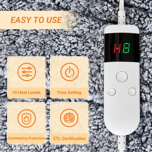 Miniatura 4 de Manta eléctrica con calefacción, manta térmica de 50 x 60 pulgadas, manta eléctrica con 8 horas de apagado automático, 10 niveles de calefacción Gris
