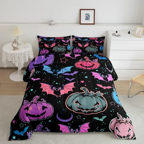 Miniatura 51 de Erosebridal Juego de ropa de cama de murciélago de Halloween, tamaño individual, juego de edredón de estrellas con purpurina y galaxia para niños