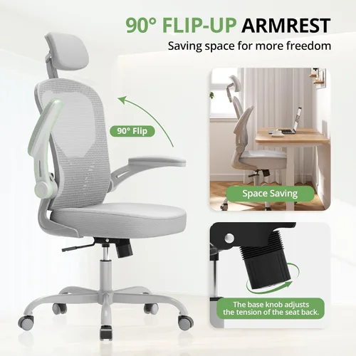 Miniatura 4 de Silla de Oficina Ergonómica para Escritorio, Capacidad de 330 Libras, Silla de Computadora de Respaldo Alto para Largas Horas Cómoda, Silla Gris