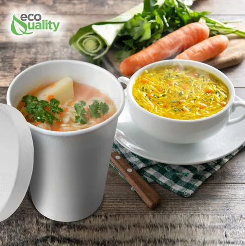 Miniatura 6 de EcoQuality Recipientes desechables de papel blanco para sopa de 32 onzas con tapas, paquete de 100