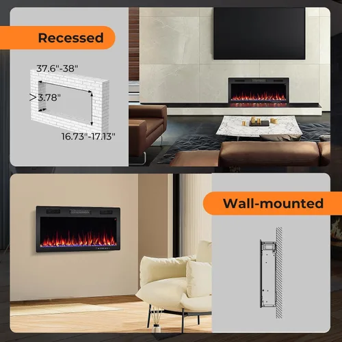 Miniatura 6 de GOFLAME Chimenea eléctrica de 40 pulgadas empotrada y montada en la pared, calentador eléctrico de chimenea de 750 W/1500 W con control remoto