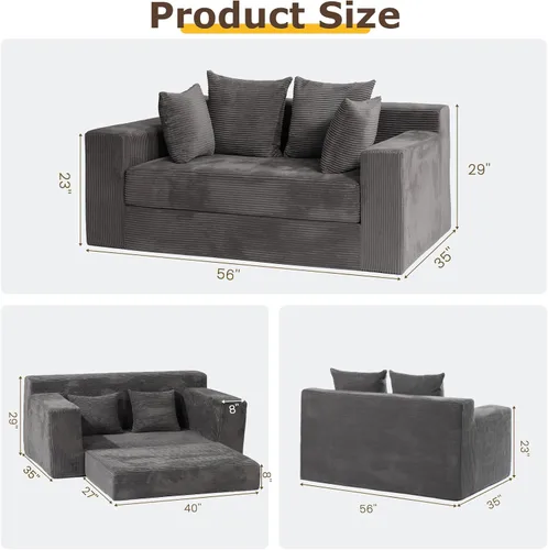 Miniatura 2 de cidludto Sofá cama convertible 3 en 1, sofá cama plegable plegable – Sofá cama sin hueso y futón en el suelo, sofá cama extraíble de pana con 4 Gris