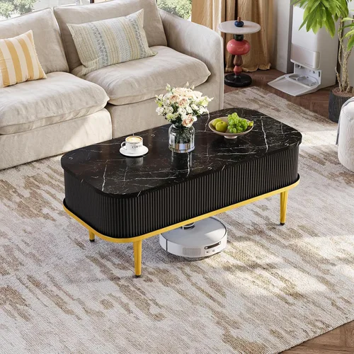 Miniatura 5 de Mesas de centro rectangulares para sala de estar, moderna mesa de centro acanalada con almacenamiento, mesa de centro pequeña, mesa central ovalada