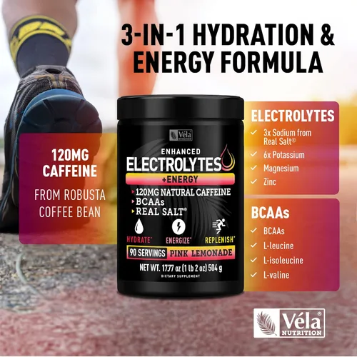 Miniatura 7 de Electrolitos en polvo con cafeína, mezcla de bebida de energía e hidratación cetogénica mejorada, polvo de electrolitos sin azúcar con BCAA