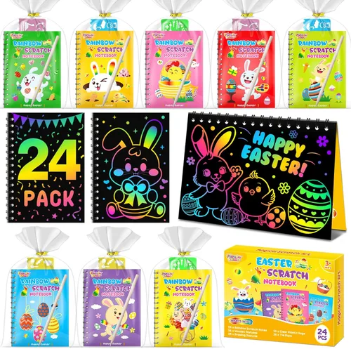 Miniatura 14 de Recuerdos de papel para rascar para fiestas para niños: paquete de 16 cuadernos de rayas arcoíris, bolsas de regalo, libros para colorear, recuerdos