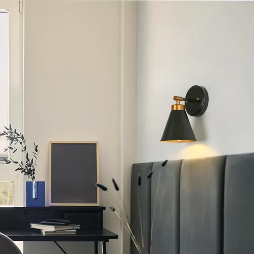 Miniatura 3 de Aplique de pared, 1 aplique de pared negro y dorado, lámpara moderna de pared de granja con pantalla de metal para dormitorio, sala de estar