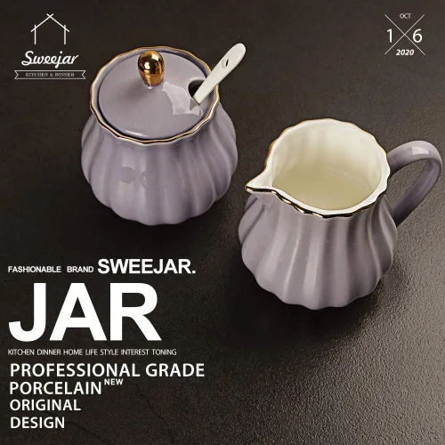 Miniatura 3 de Sweejar Royal - Juego de azúcar y crema de cerámica, juego de 3 piezas con jarra de crema, azucarero, juego de azúcar con tapa y cuchara, juego